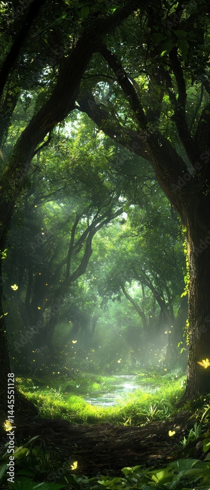 Obraz premium Sunlight filters through lush green trees, illuminating a serene forest path with glowing butterflies and dense foliage.