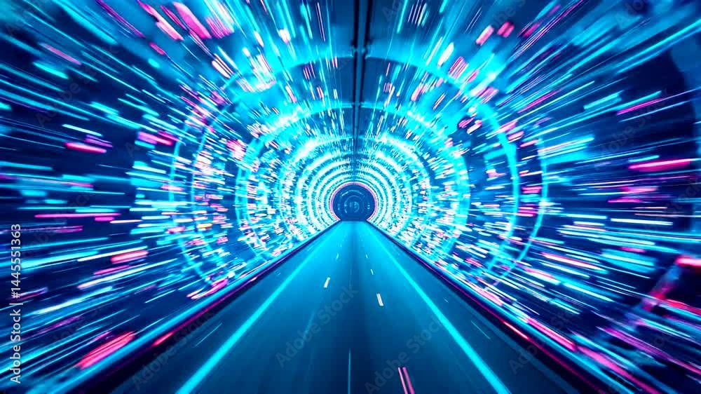Symmetrical glowing light tunnel with particles and mirrored magical structure
