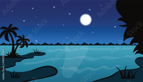 Beautiful night sky at the lake with a crescent moon and stars vector illustrator with palm tree.