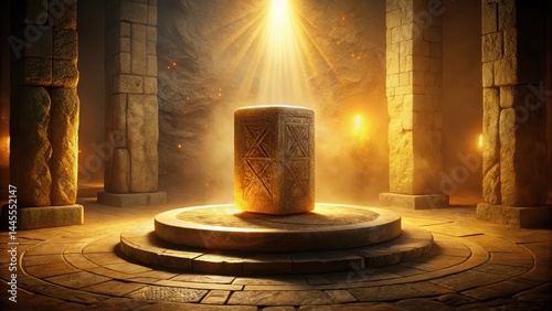 Ancient runes etched into stone pedestal radiate soft golden glow in dimly lit crypt , stone, ancient,  stone