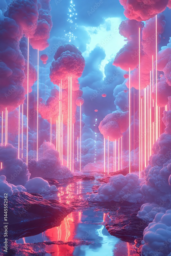 Pink neon light cascading through soft clouds, reflecting on meandering stream amid dreamy, glowing surreal landscape