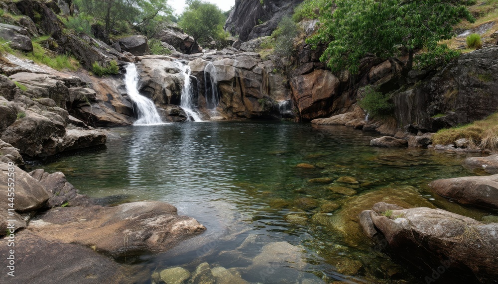 Fototapeta premium A river waterfall gently flows over the rocks, forming a natural swimming pool
