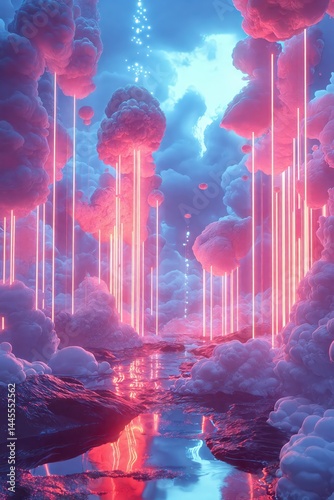 Pink neon light cascading through soft clouds, reflecting on meandering stream amid dreamy, glowing surreal landscape