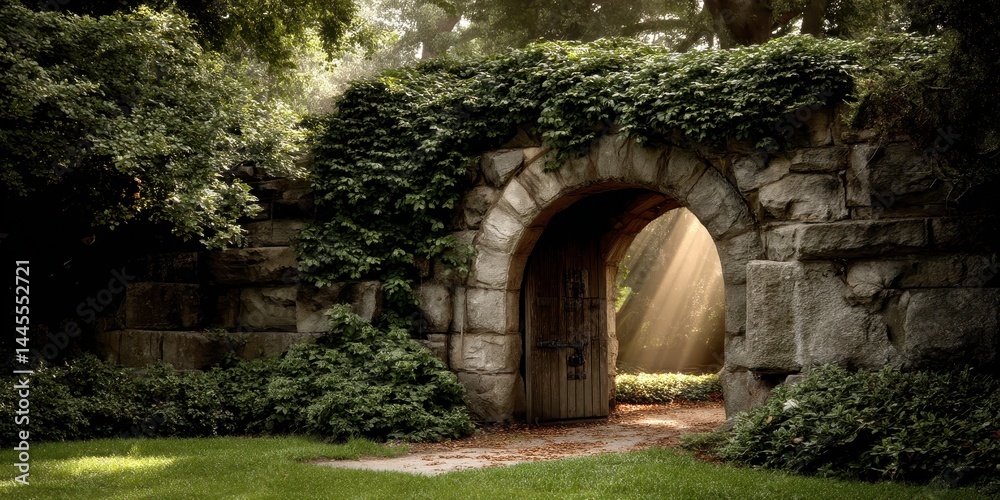 Naklejka premium Ancient stone archway leading into a garden