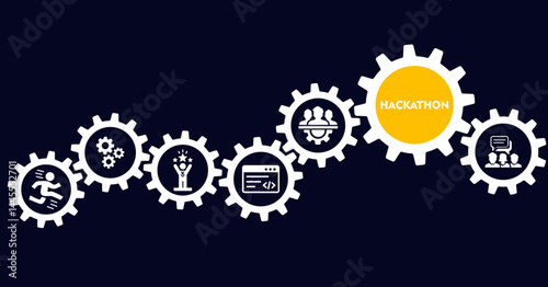 Hackathon banner web icon concept for design sprint-like social coding event with icon of brainstorm, development, programming, timing, speed, teamwork, and goal. Vector illustration