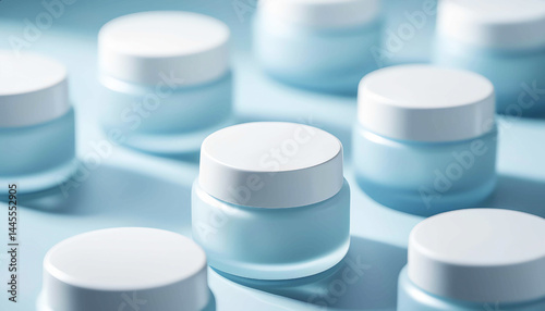 Lotion jars with white lids on a light blue background. Cosmetic product advertisement.