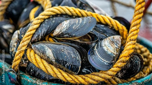 Fresh Mussels Tied with Rope in a Fishing Container
