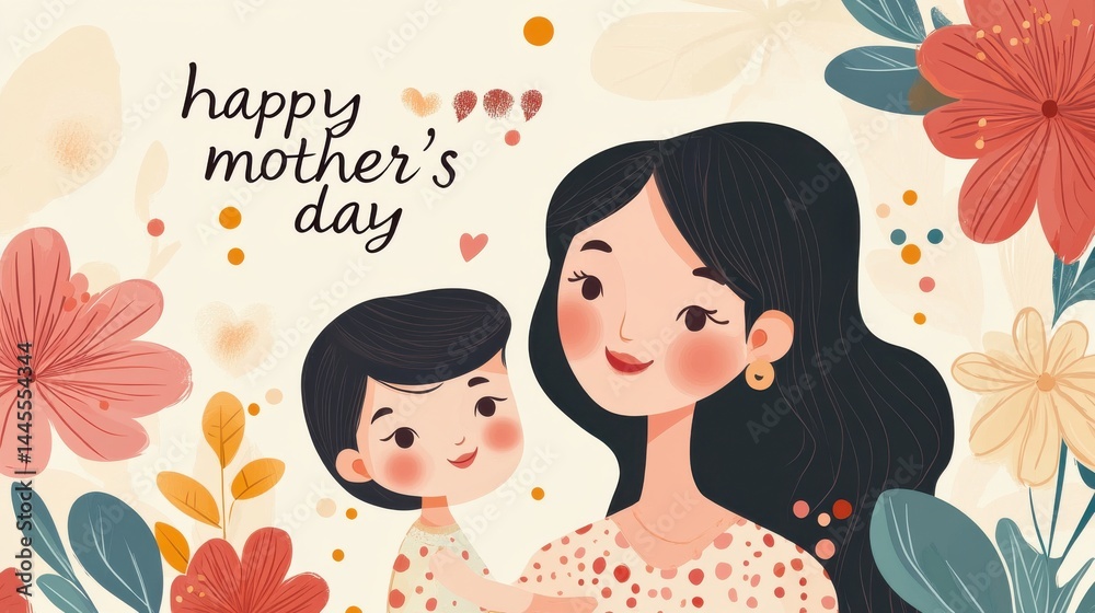 An illustration of a mother holding her child, surrounded by flowers, with An illustration of a mother holding her child, surrounded by flowers, with