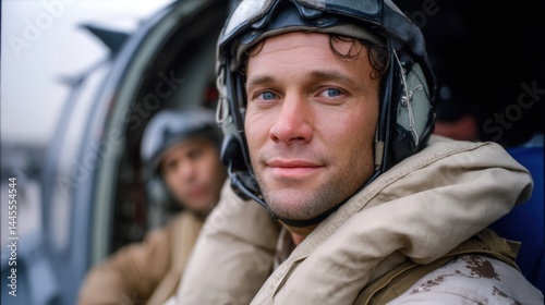 Two male military pilots in flight suits and helmets sitting inside fighter jet cockpit, close-up portrait photo