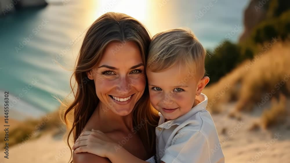 Witness a heartwarming moment filled with genuine laughter and joy as a child embraces their beautiful mom during a sunny Mother's Day by the ocean Witness a heartwarming moment filled with genuine laughter and joy as a child embraces their beautiful mom during a sunny Mother's Day by the ocean
