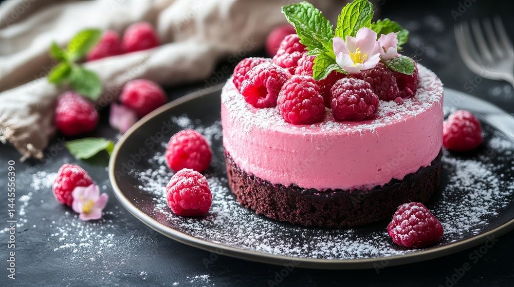 A decadent raspberry dessert elegantly presented on a dark plate with fresh cream and mint garnish A decadent raspberry dessert elegantly presented on a dark plate with fresh cream and mint garnish