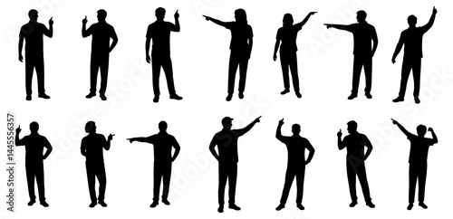 People pointing silhouette. Men and women in various gestures silhouette. People pointing silhouettes on a white background.