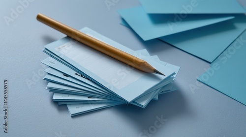 Close-up of blue paper notes and a wooden pencil on a light blue textured surface for brainstorming or study workspace photo