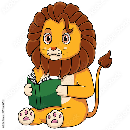 A cute lion reading a book