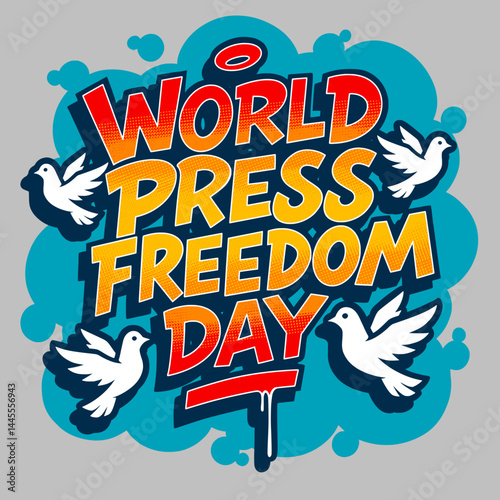 Colorful typography illustration celebrating World Press Freedom Day. Vibrant design with press, freedom, and journalism elements. Perfect for awareness campaigns and editorials.