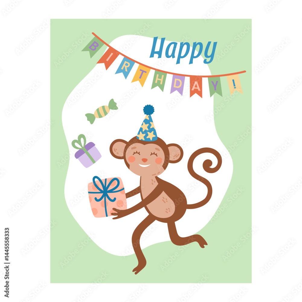 Fototapeta premium Cute colorful birthday card monkey. Animal character. Hand-drawn vector illustration in flat style.