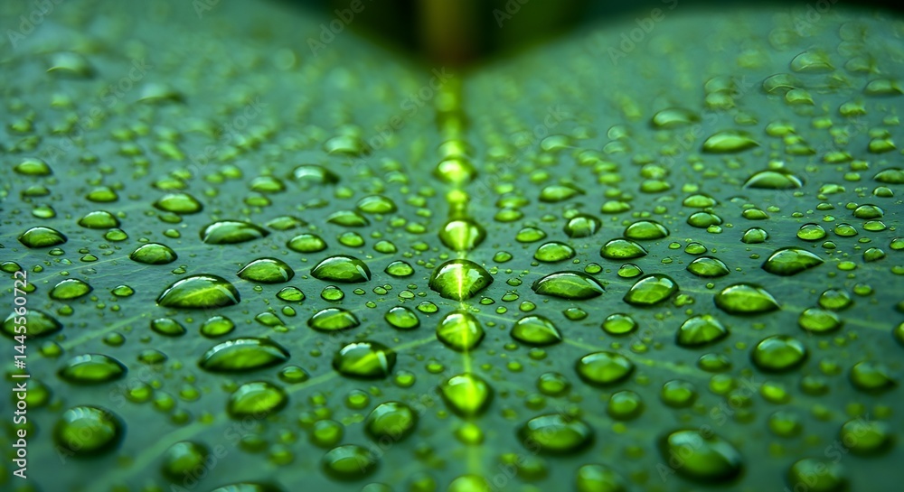 Macro photograph of a green leaf covered in morning dew, highlighting natural texture and freshness. Macro photograph of a green leaf covered in morning dew, highlighting natural texture and freshness.