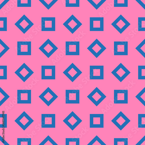 Funky vector colorful background. Stylish modern geometric seamless pattern with outline squares, cubes, tiles. Cute abstract pink and blue texture. Simple minimal childish style repeatable design