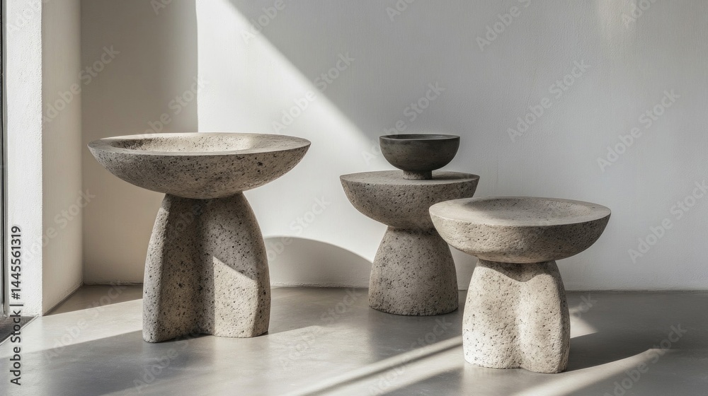 Set of Textured Grey Stone Tables in Minimalist Interior