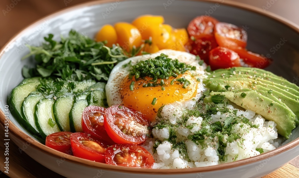 A colorful rice bowl topped with a fried egg, avocado, cucumber, tomatoes, greens, and fruit, garnished with fresh herbs. A colorful rice bowl topped with a fried egg, avocado, cucumber, tomatoes, greens, and fruit, garnished with fresh herbs.