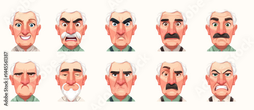 A set of expressive character faces for a Vintage car enthusiast, showcasing different emotions: happy, angry, surprised, sad, mischievous, and neutral.