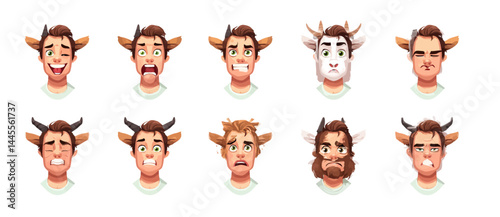 A set of expressive character faces for a Centaur, showcasing different emotions: happy, angry, surprised, sad, mischievous, and neutral.