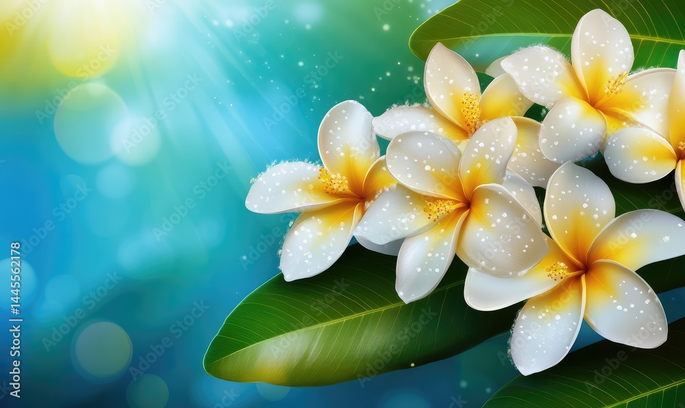 Fototapeta premium Bright tropical summer design with plumeria flowers and leaves. AI generated illustration.