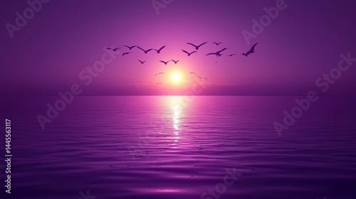 vibrant tropical sunset landscape with trees silhouettes, flock of birds in flight, colorful orange and purple sky, with sea view, peaceful lake reflections