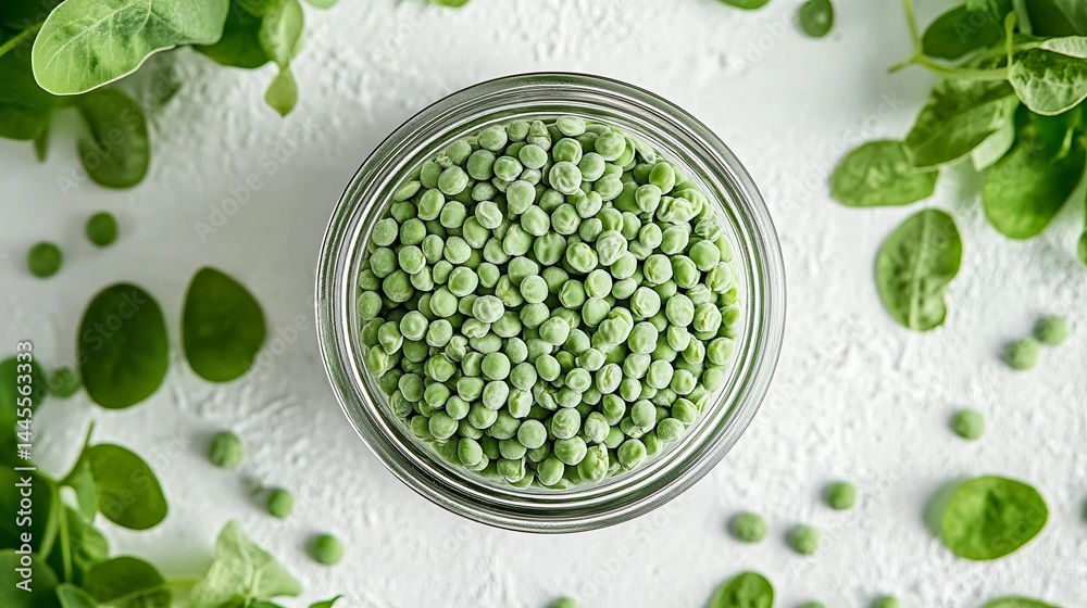 Obraz premium Fresh green peas in glass jar healthy food vegetable diet cooking ingredient eat meal plant tasty