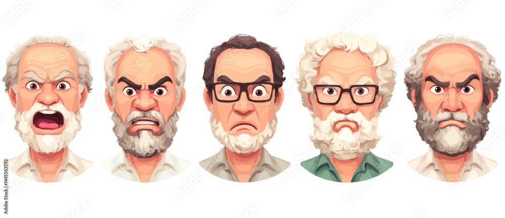 A set of expressive character faces for a Greek philosopher, showcasing different emotions: happy, angry, surprised, sad, mischievous, and neutral. A set of expressive character faces for a Greek philosopher, showcasing different emotions: happy, angry, surprised, sad, mischievous, and neutral.