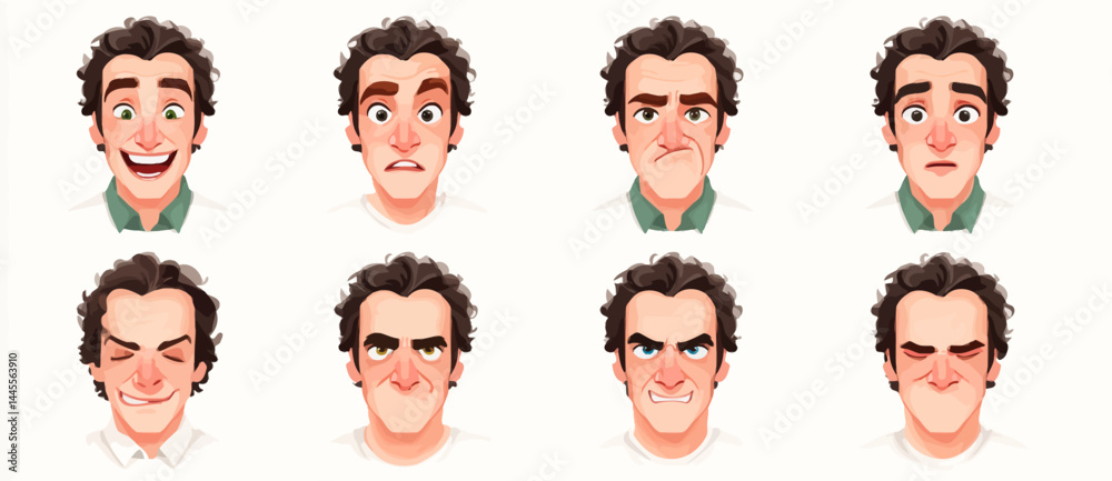 A set of expressive character faces for a Tango dancer, showcasing different emotions: happy, angry, surprised, sad, mischievous, and neutral. A set of expressive character faces for a Tango dancer, showcasing different emotions: happy, angry, surprised, sad, mischievous, and neutral.