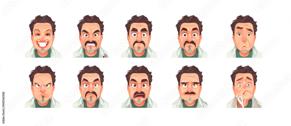 A set of expressive character faces for a Mechanic, showcasing different emotions: happy, angry, surprised, sad, mischievous, and neutral. A set of expressive character faces for a Mechanic, showcasing different emotions: happy, angry, surprised, sad, mischievous, and neutral.