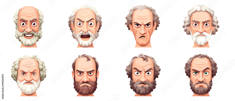 A set of expressive character faces for a Greek philosopher, showcasing different emotions: happy, angry, surprised, sad, mischievous, and neutral. A set of expressive character faces for a Greek philosopher, showcasing different emotions: happy, angry, surprised, sad, mischievous, and neutral.