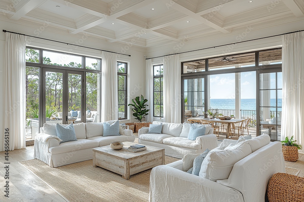 Fototapeta premium Cozy coastal living room with white walls, wood floors, and coffered ceiling. Large windows with ocean view, French doors to balcony, and dining area for four, accented with light blue pillows.