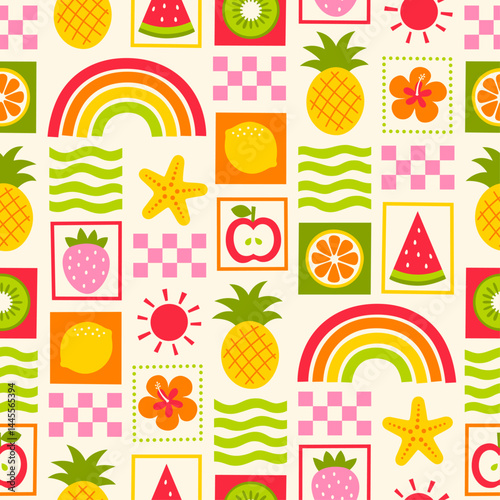 Colorful rainbow, hibiscus, sun, wave, starfish, tropical fruits with grid styled pattern design for summer holidays background.