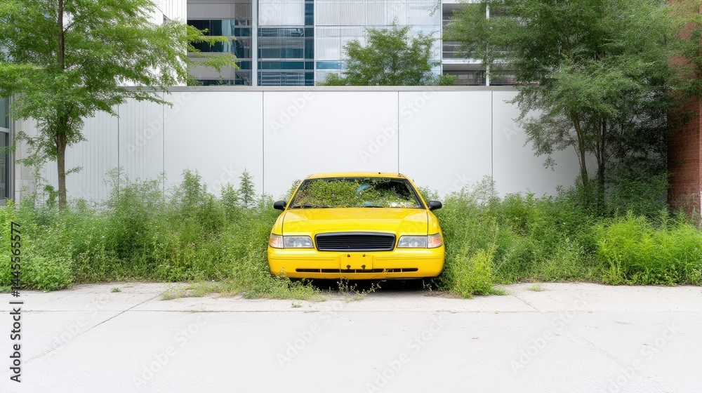 Fototapeta premium Abandoned yellow car in overgrown lot, urban setting