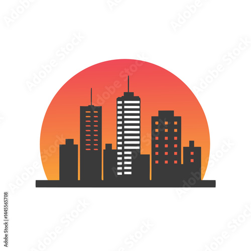 Dark Cityscape Silhouette with Vibrant Sunset Background