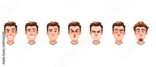 A set of expressive character faces for a Soccer player, showcasing different emotions: happy, angry, surprised, sad, mischievous, and neutral.