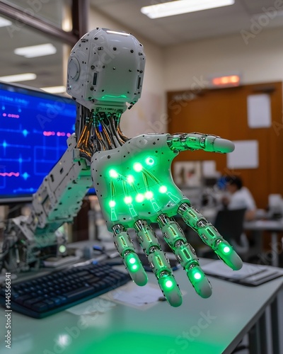 Cybernetic limb testing lab nerve impulse simulation robotic arm mimicking human gestures with glowing muscle mimic fibers