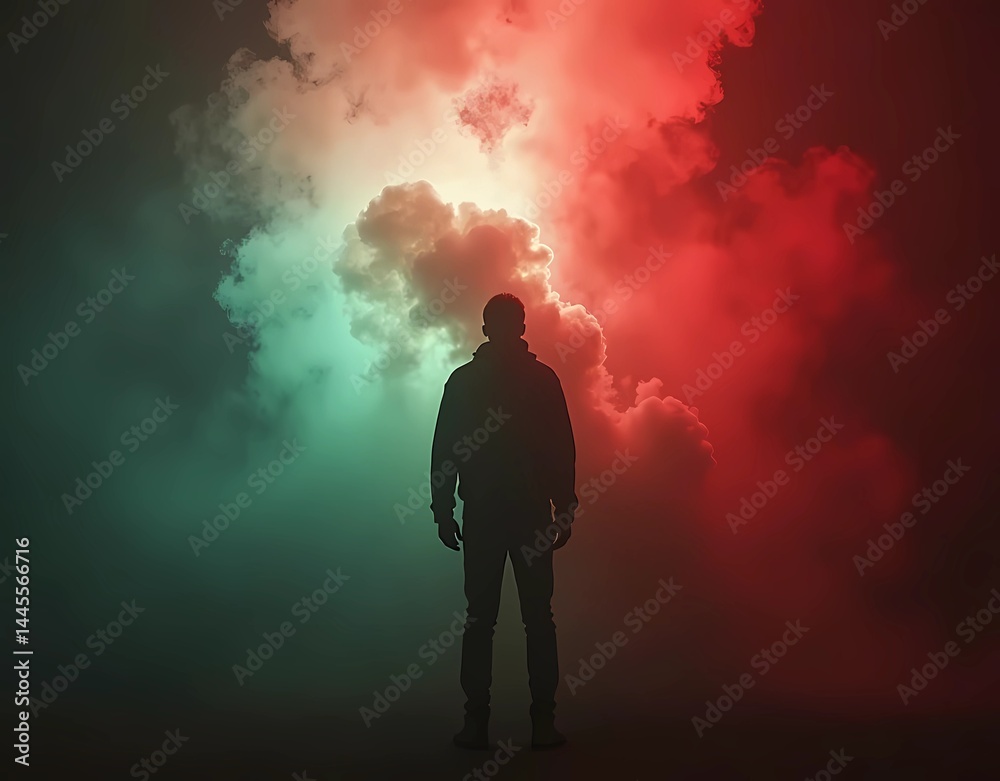 Fototapeta premium digital painting of man silhouette surrounded with red and green smoke on dark background. Generate AI