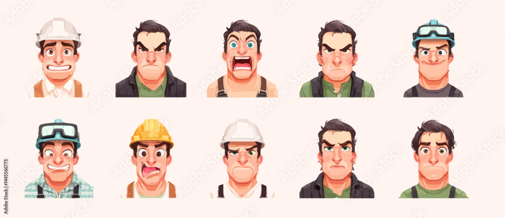 Fototapeta premium A set of expressive character faces for a Construction worker, showcasing different emotions: happy, angry, surprised, sad, mischievous, and neutral.