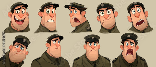 A set of expressive character faces for a Soldier, showcasing different emotions: happy, angry, surprised, sad, mischievous, and neutral.