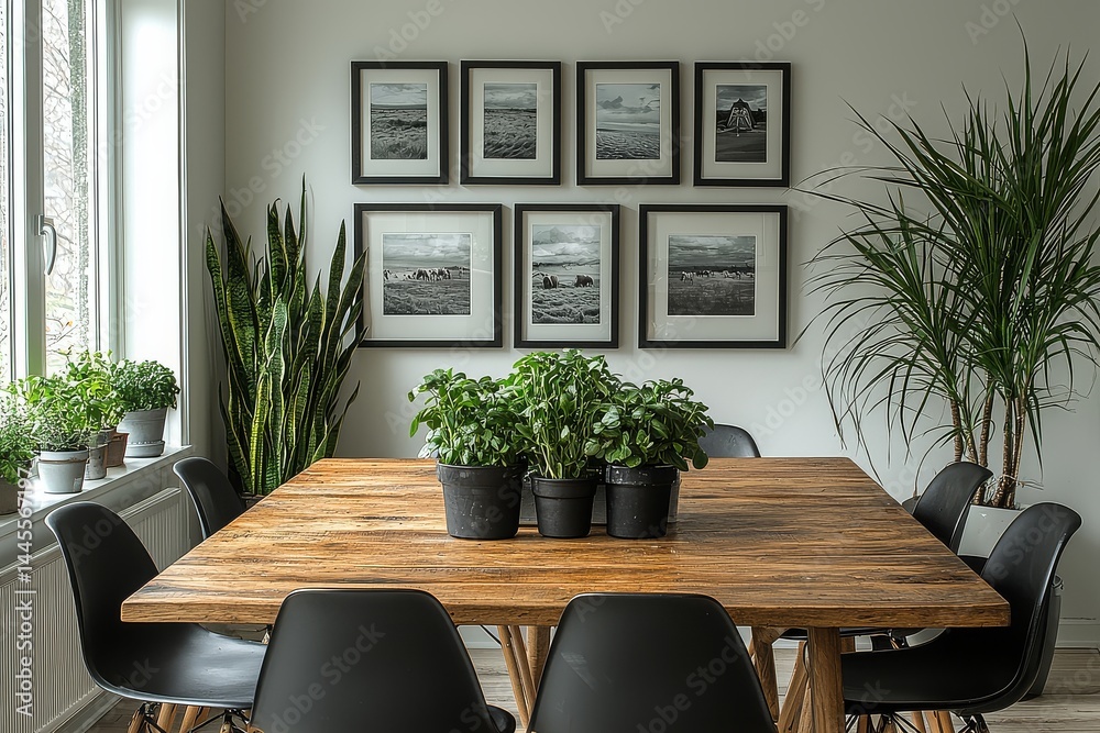 Fototapeta premium Dining room wall with black and white picture frames displaying family memories above a modern wooden table, creating an eclectic and artistic atmosphere with natural light highlighting the unique fr