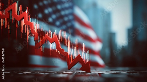 Arrow points down,bar graph,USA flag,white background,downward trend,economic shock