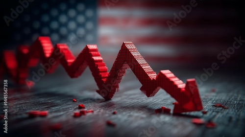 Arrow points down,bar graph,USA flag,white background,downward trend,economic shock