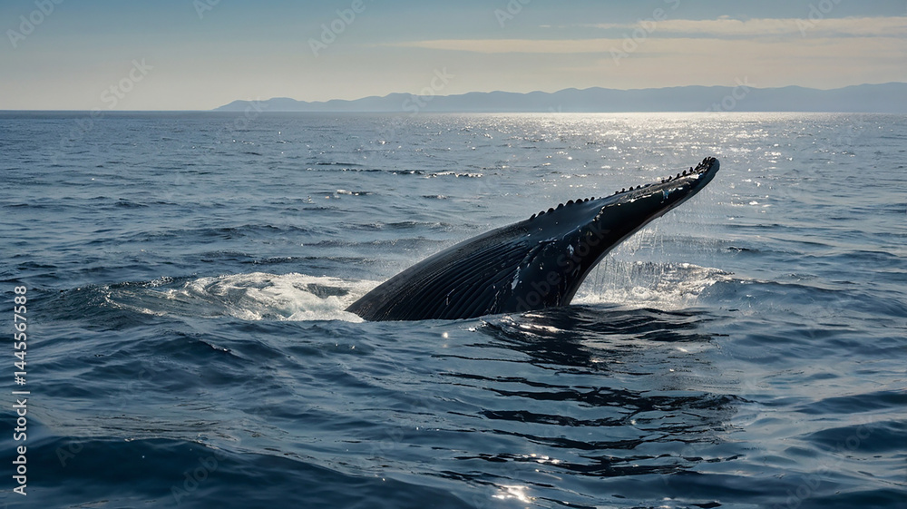 Naklejka premium This serene yet powerful sight provides a glimpse of the size and majesty of this magnificent sea creature. The humpback whale's massive, uniquely patterned tail towers high above the calm blue sea.