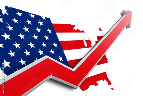 3D arrow pointing up, bar graph depicting growth in style of USA flag,white background