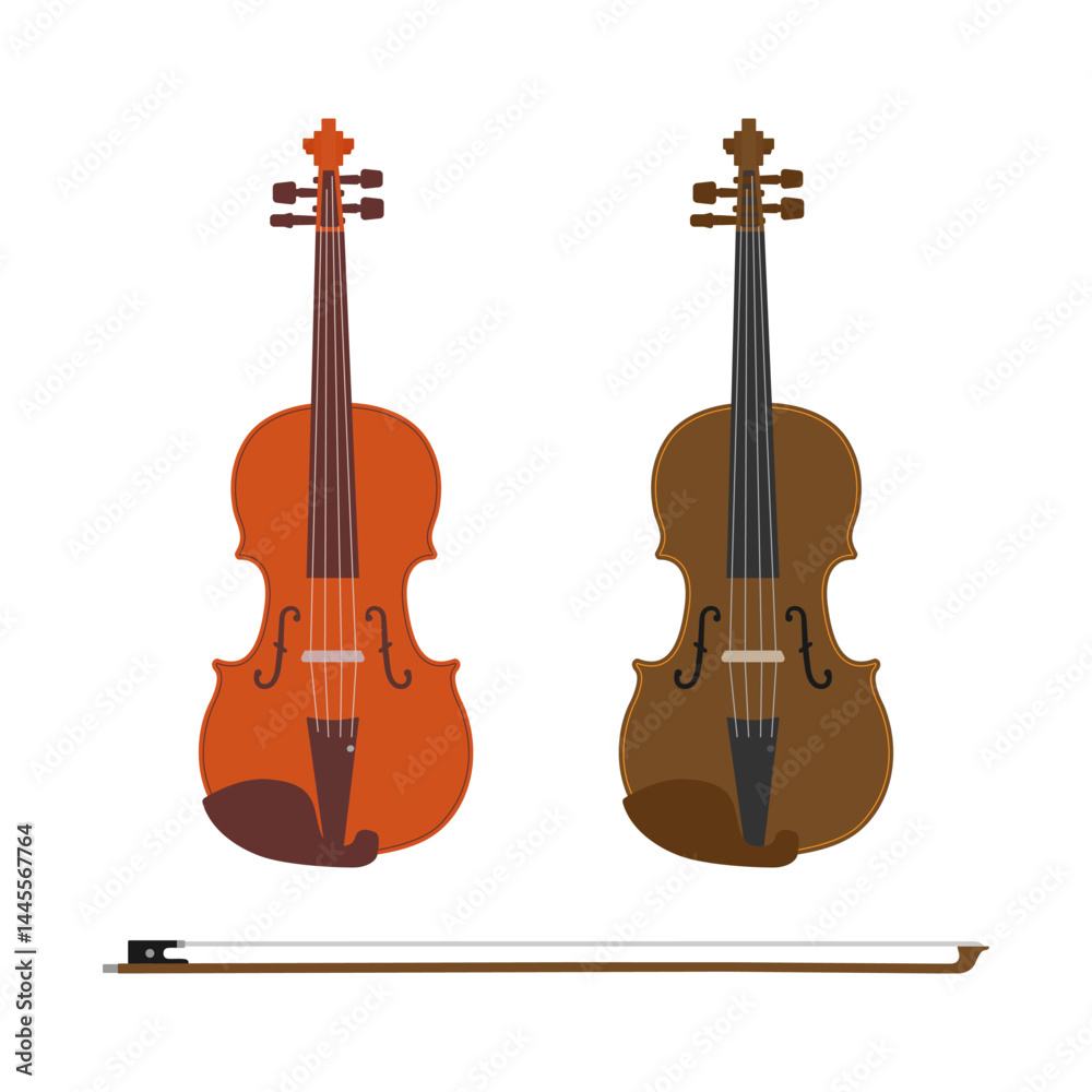 Naklejka premium Set of violins and bow isolated on a white background. Colored icon, vector illustration. Orchestral and solo musical instrument, flat style. 