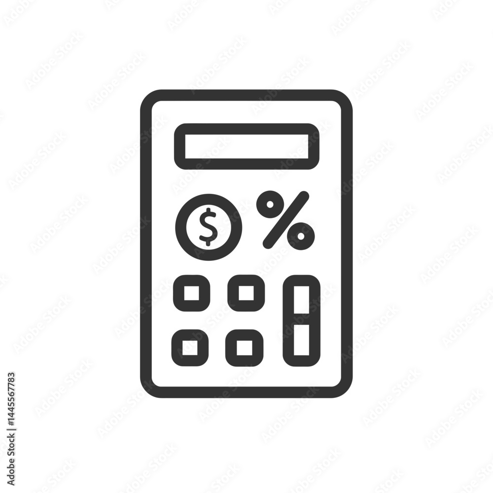 Line art icon of a calculator with dollar sign and percentage symbol; concept for finance, accounting, banking, and business apps Line art icon of a calculator with dollar sign and percentage symbol; concept for finance, accounting, banking, and business apps