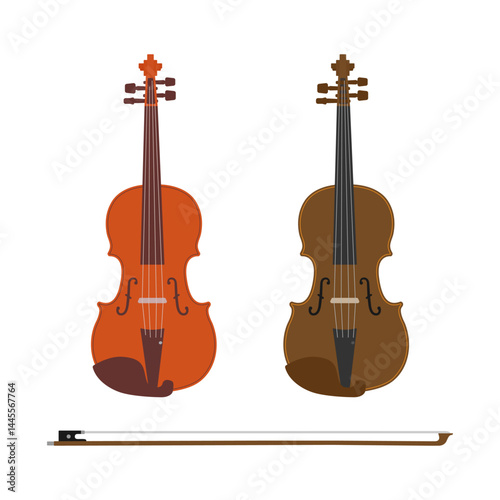 Set of violins and bow isolated on a white background. Colored icon, vector illustration. Orchestral and solo musical instrument, flat style. 
